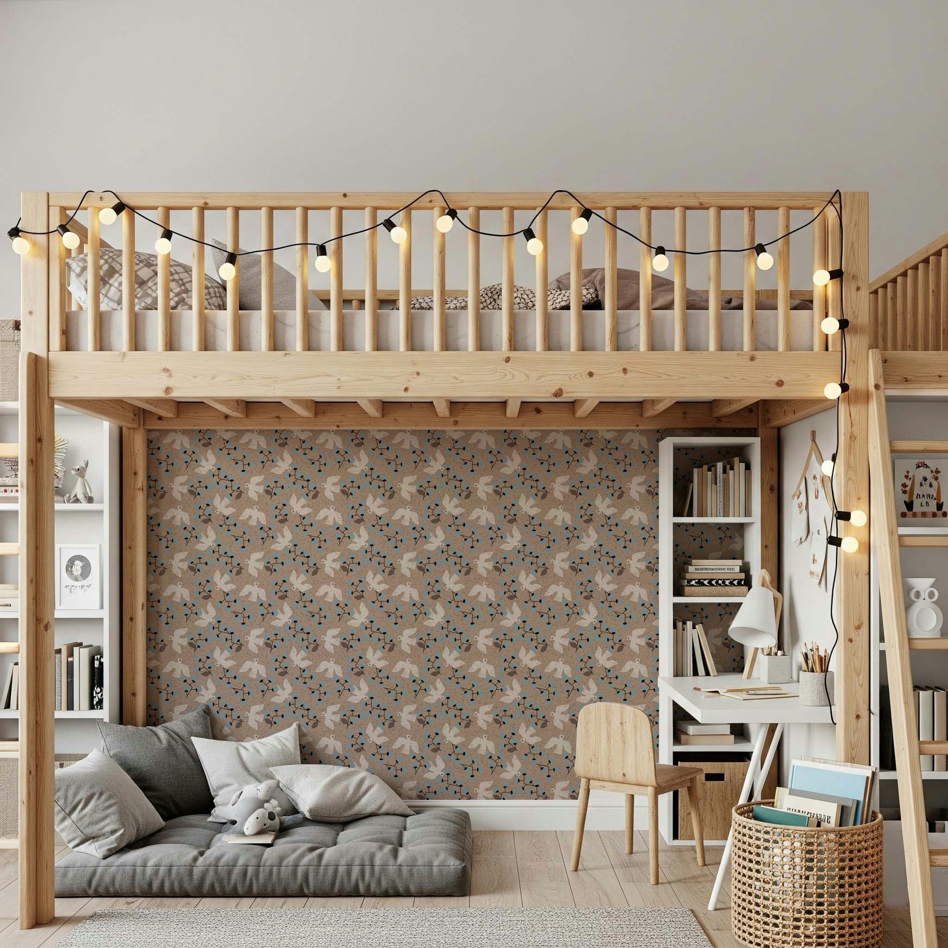 Calm avian motif wall mural in speckled brown and slate.