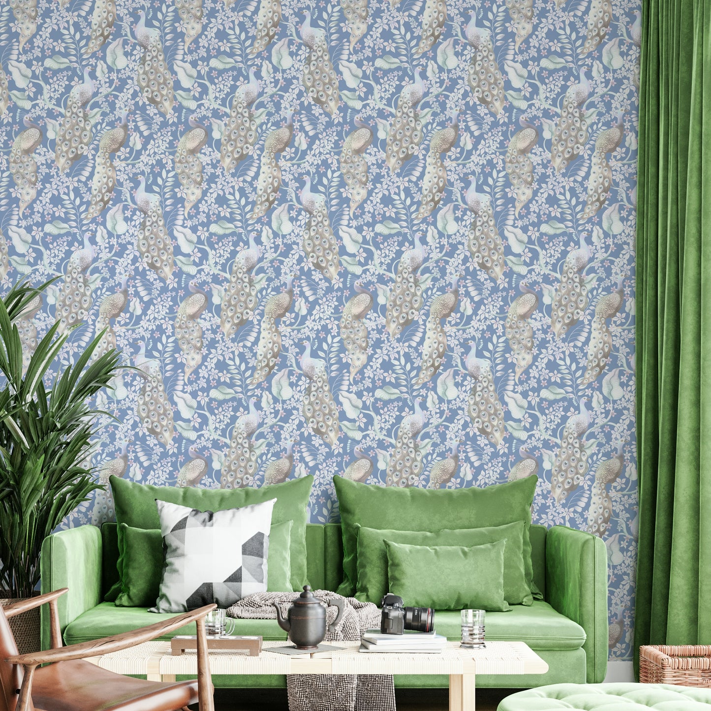 Artistic peacock wallpaper in soft blue shades

