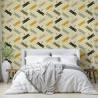 Warm-toned wallpaper with dragonfly design

