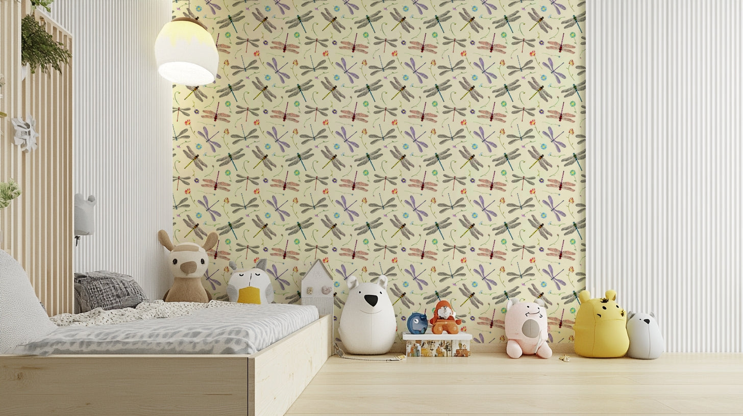 Neutral room styled with insect-themed wallpaper

