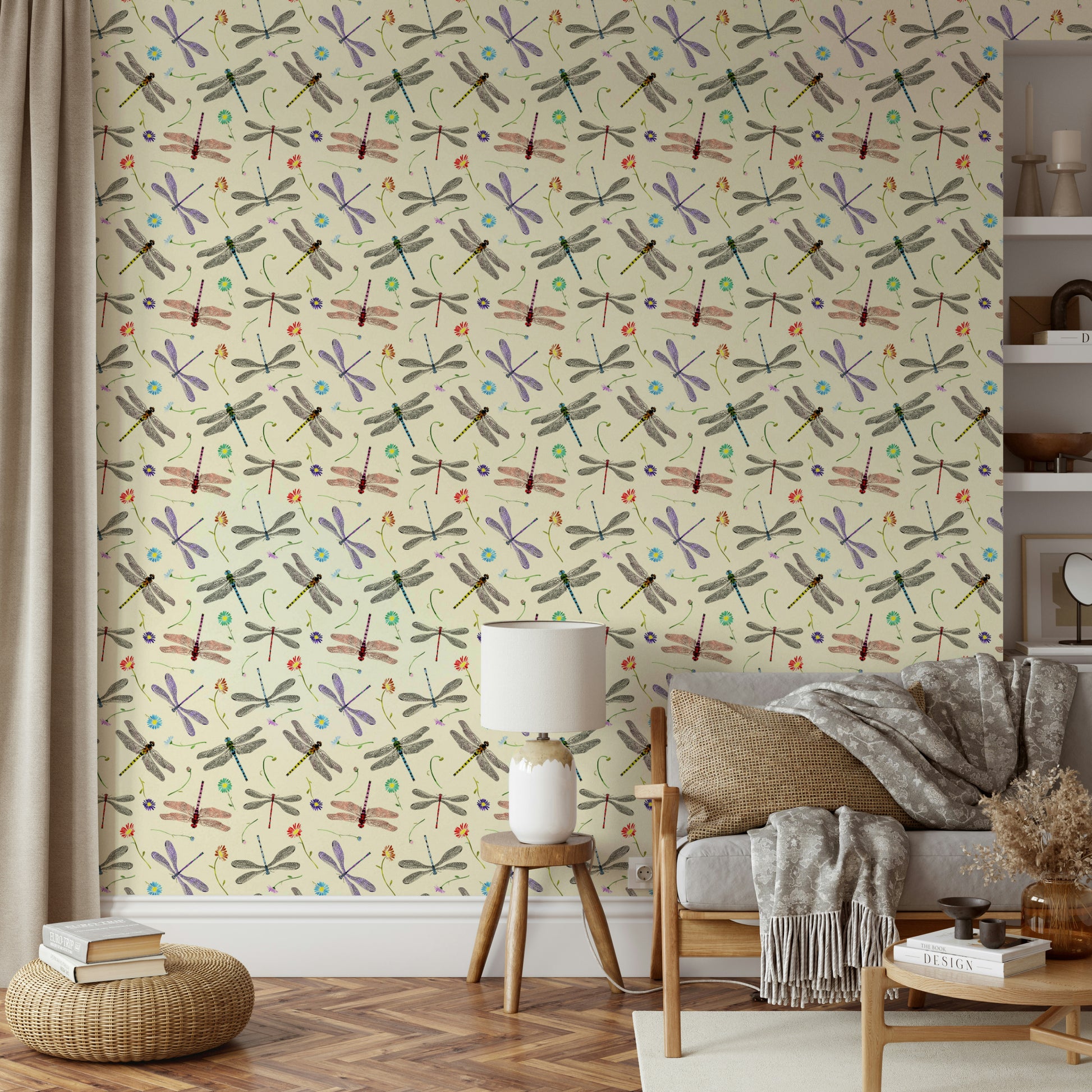 Mural wallpaper with flying dragonflies in color

