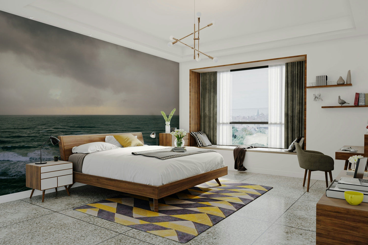 A bedroom with the artistic mural behind the headboard.

