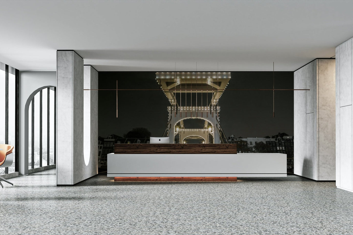 A close-up view of a string of lights on the bridge structure.

