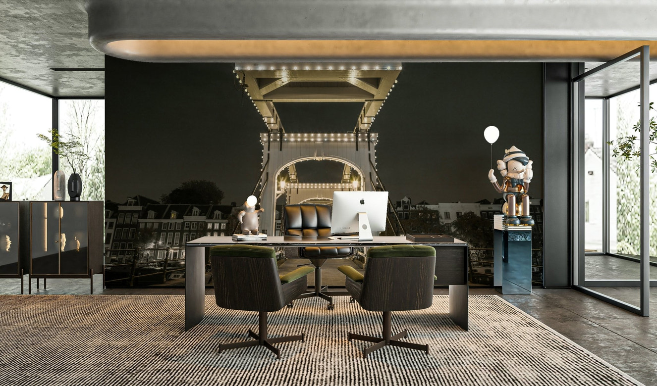 A high-resolution photo-realistic wall mural of a lit drawbridge at night.

