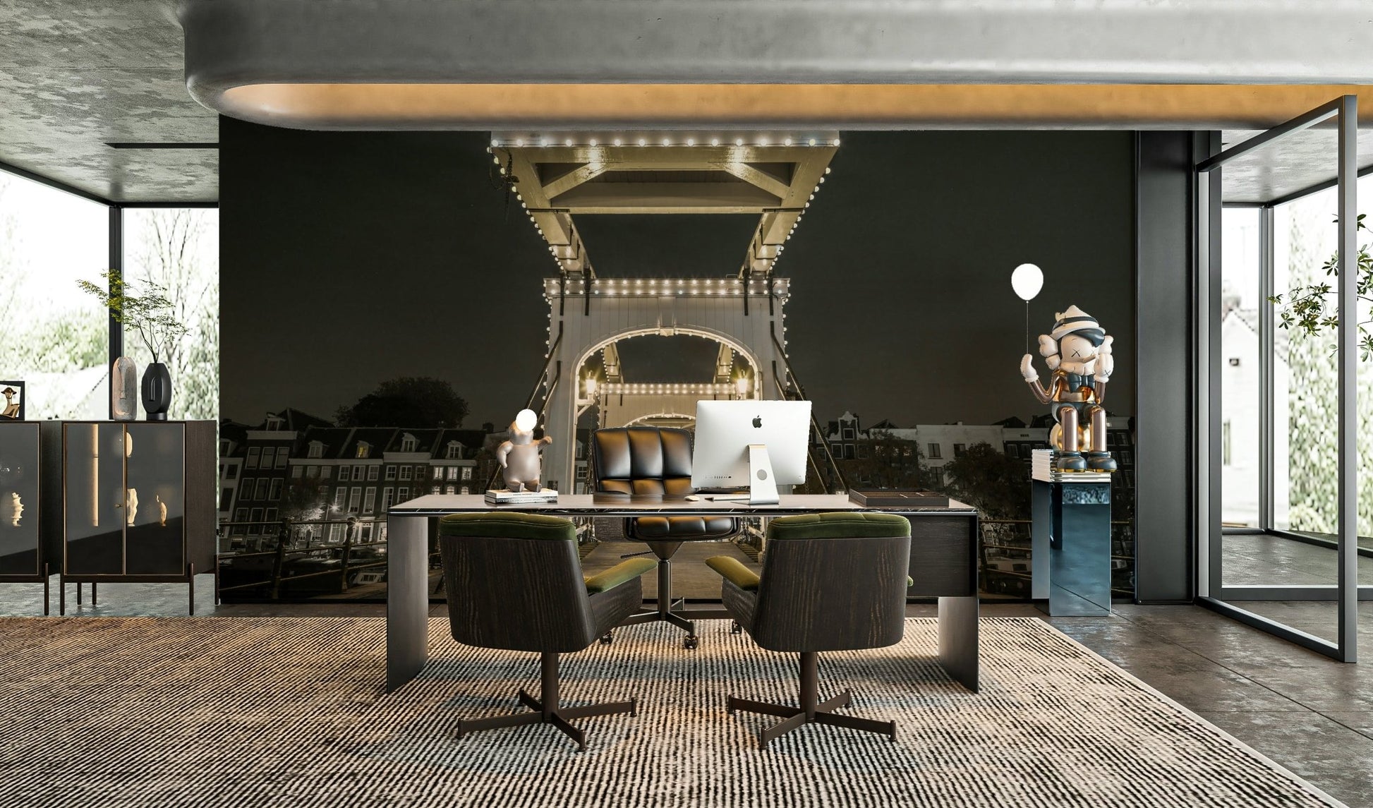 A high-resolution photo-realistic wall mural of a lit drawbridge at night.

