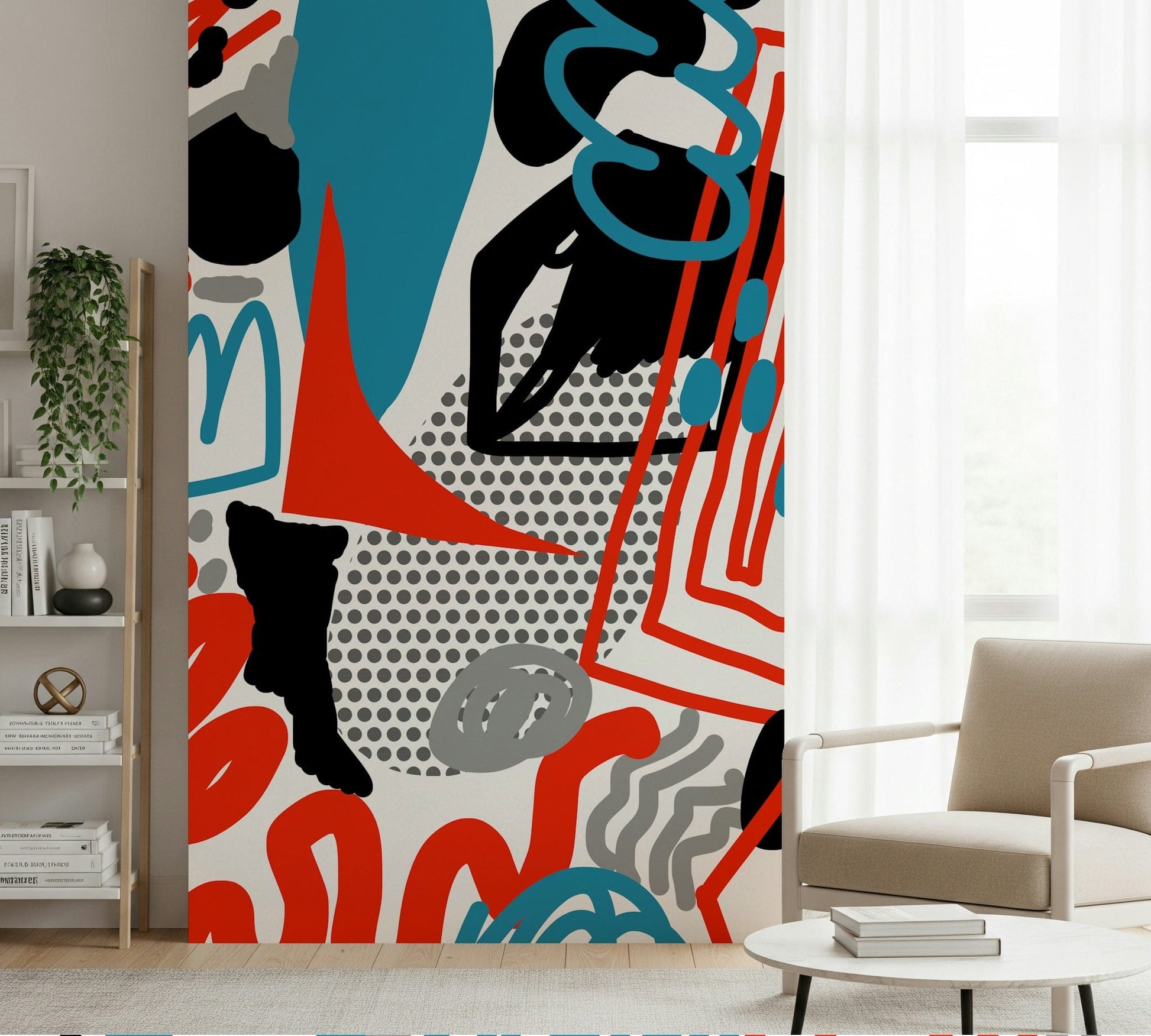 Freeform lines and textured dots creating a lively, artistic flow in this abstract wallpaper.