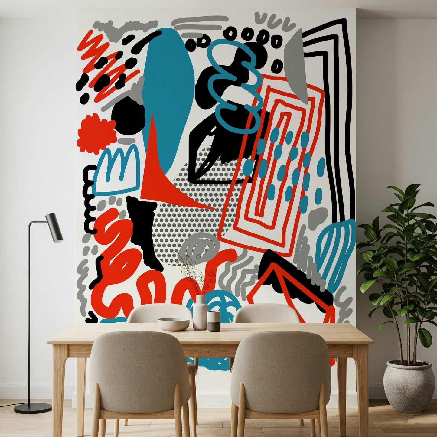 A lively drawing flow wallpaper with red, teal, and black shapes creating rhythmic movement.