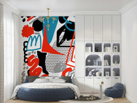 Graphic doodles and bold color splashes forming a striking modern abstract wallpaper.