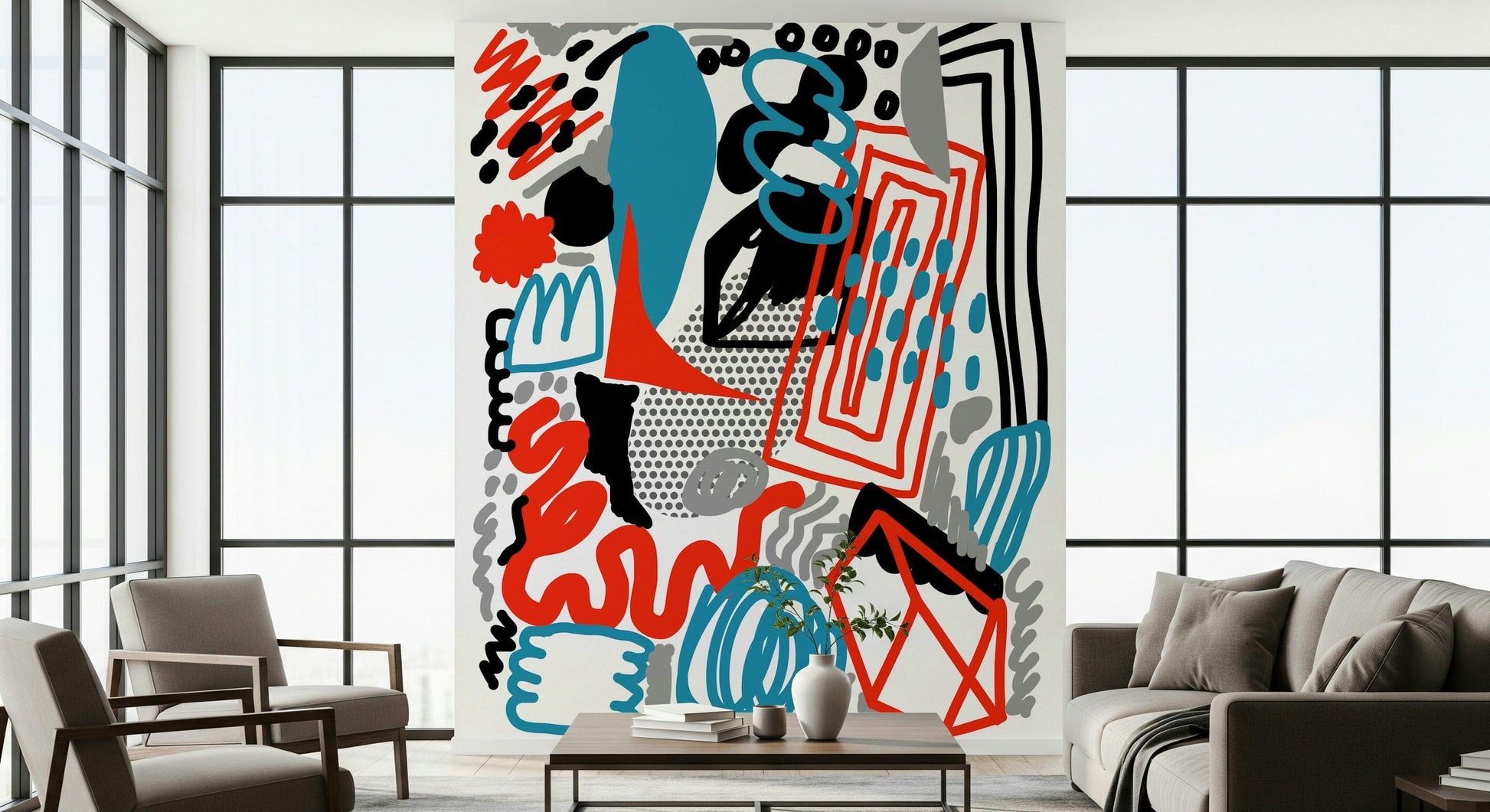 A contemporary wallpaper featuring overlapping shapes and expressive hand-drawn strokes.