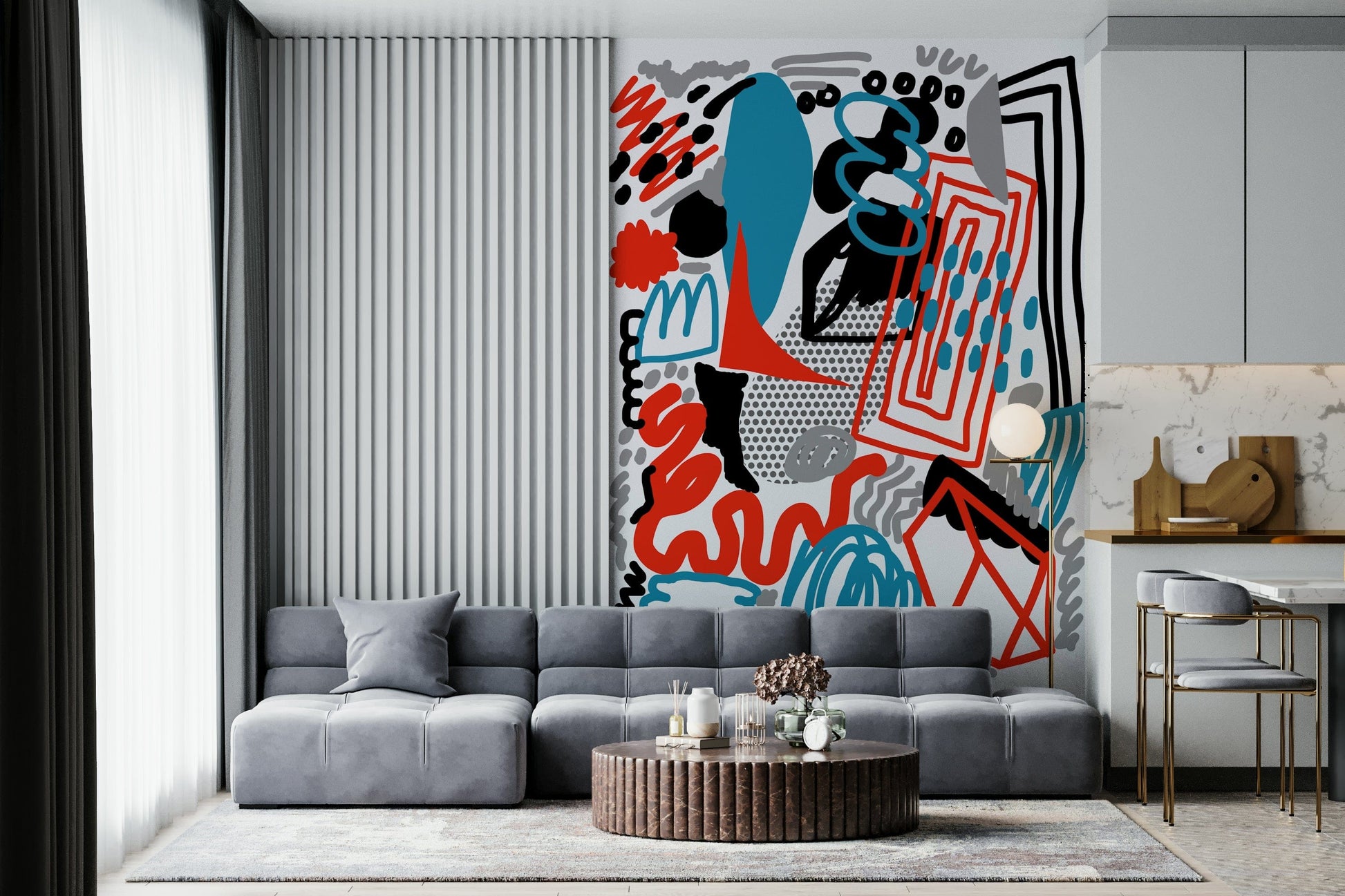 Modern abstract wallpaper showcasing energetic strokes, dots, and geometric accents.