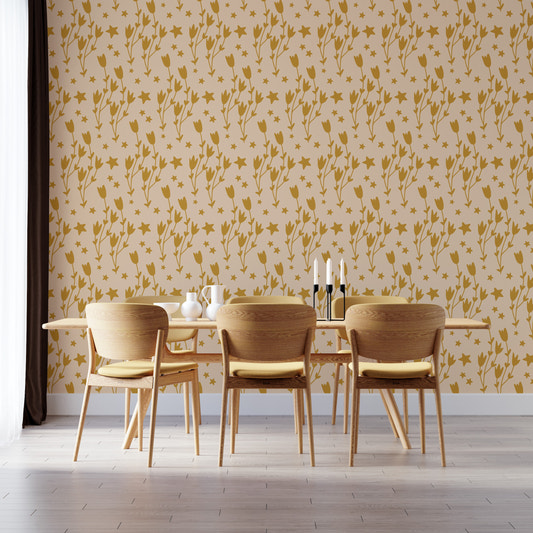 Cozy floral wallpaper in yellow with stars
