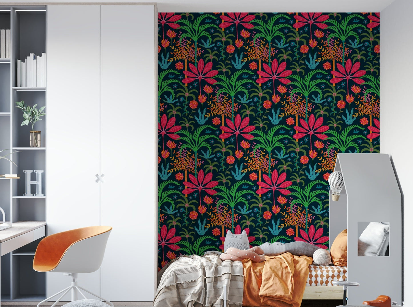 A wall mural of a peaceful floral and plant pattern.

