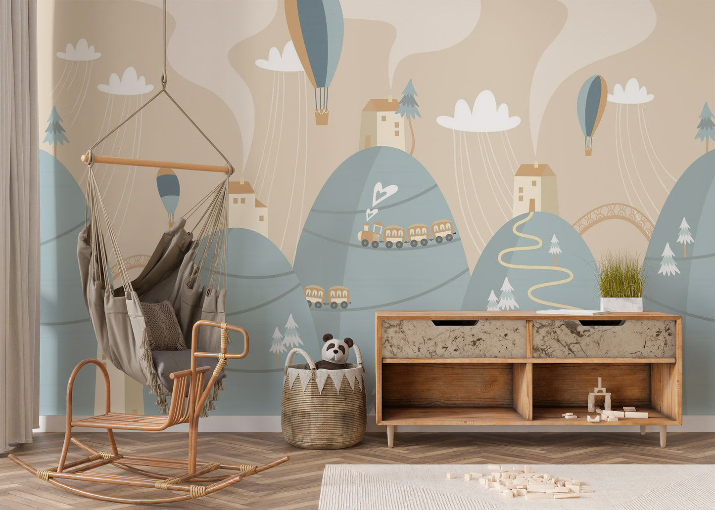 Playful Mountain with Houses Kids Dreamland Wallpaper - Giffywalls