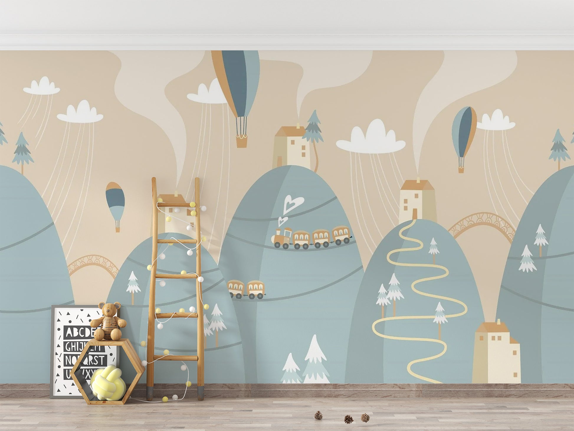 Playful Mountain with Houses Kids Dreamland Wallpaper - Giffywalls