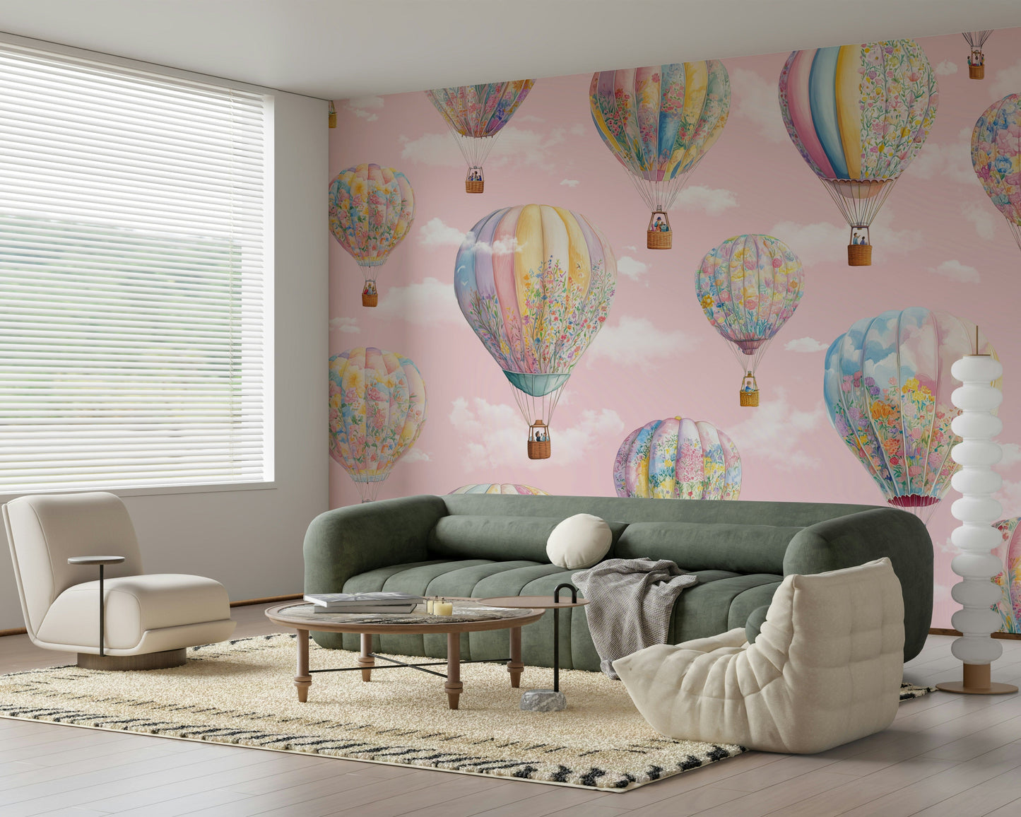 Wall mural depicting a magical balloon journey through a serene blue and pastel sky.