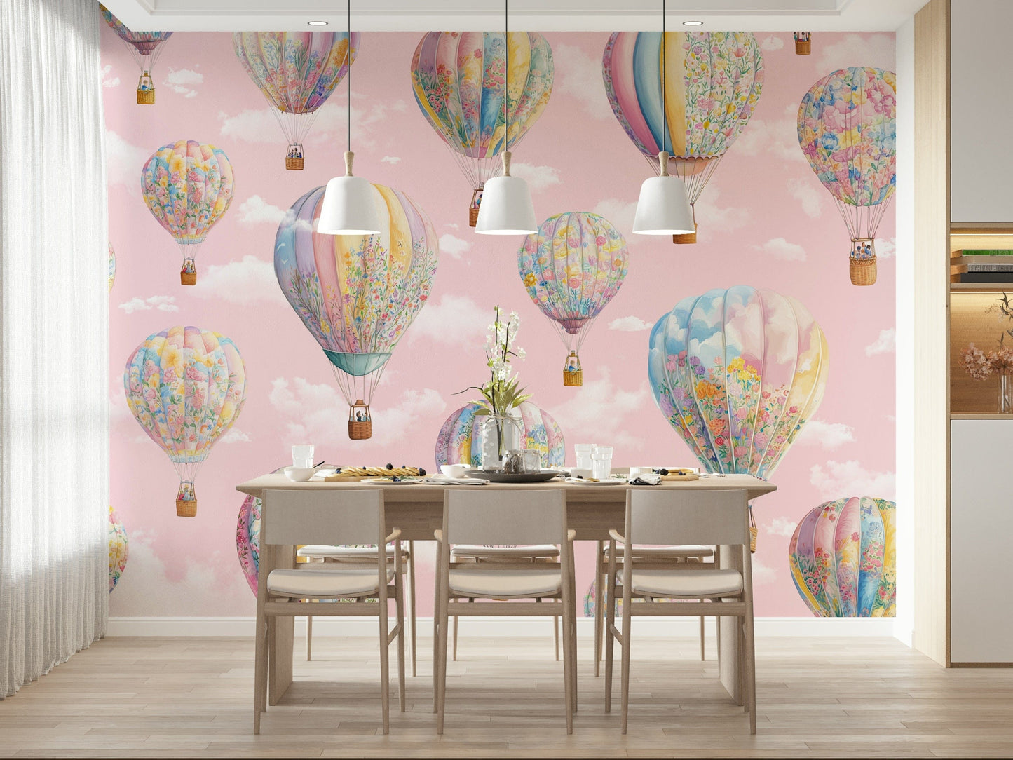 Dreamy hot air balloon mural with gentle clouds and soft hues for a peaceful wall décor look.