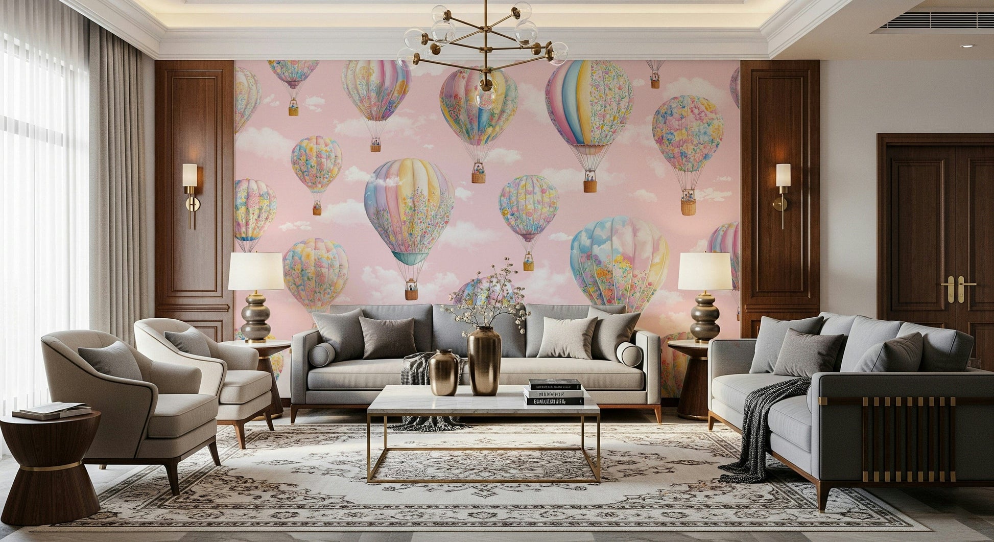 Children’s wall mural featuring whimsical balloons soaring through a calm, dreamy sky.