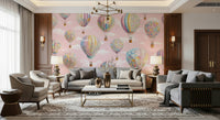 Children’s wall mural featuring whimsical balloons soaring through a calm, dreamy sky.