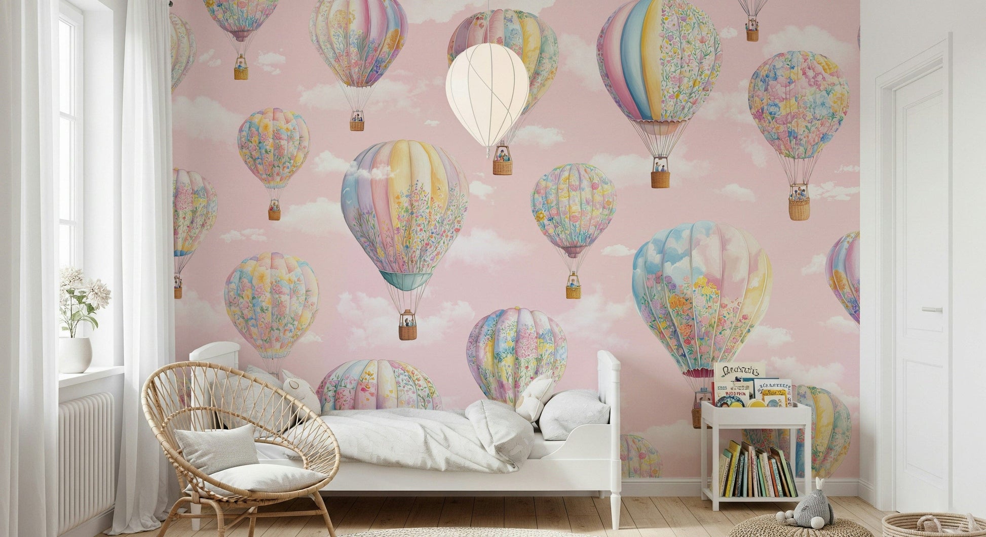 Whimsical wall mural featuring colorful hot air balloons floating across a dreamy sky.