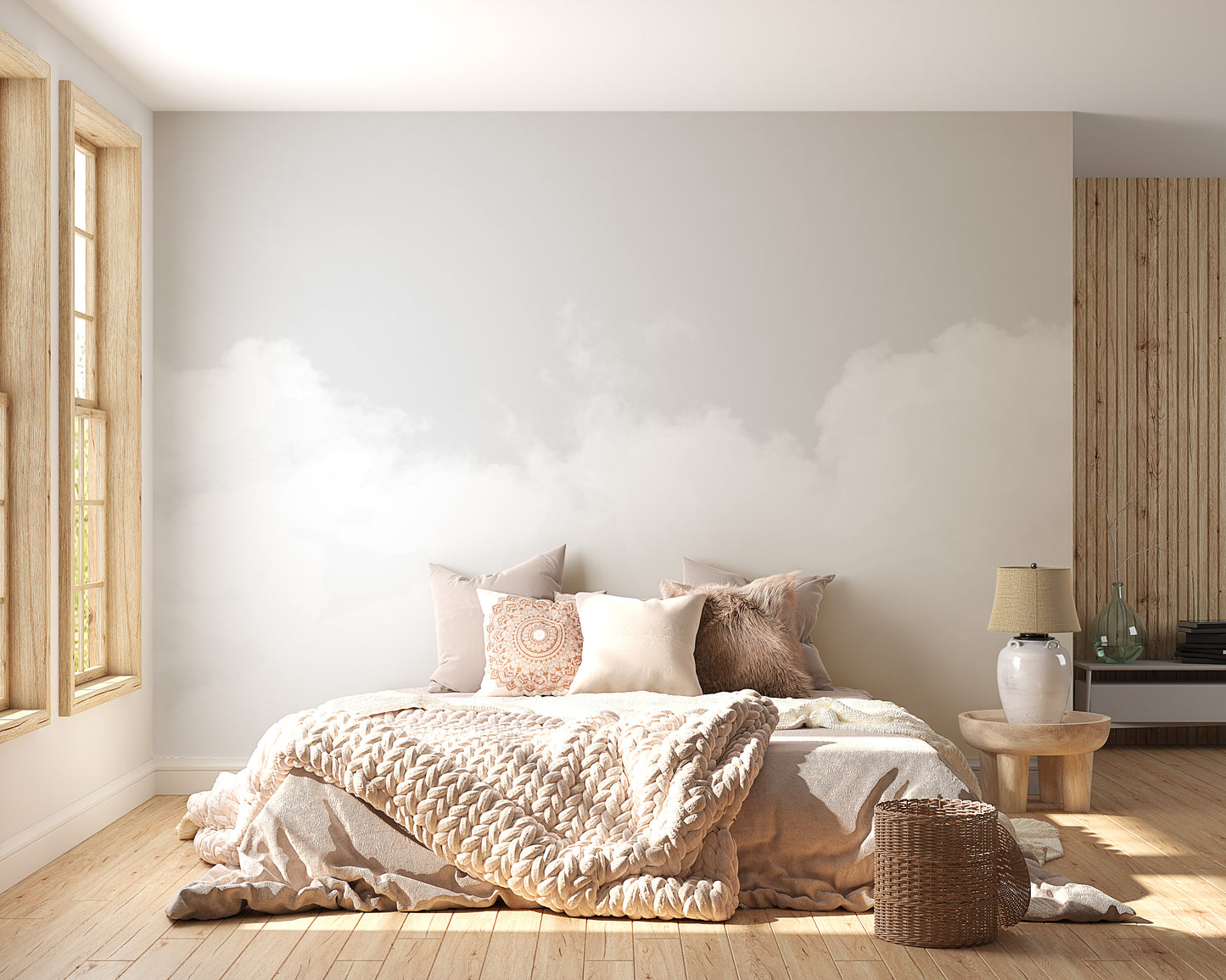 Serene master bedroom accent wall decorated with Cloud Dancer wallpaper.