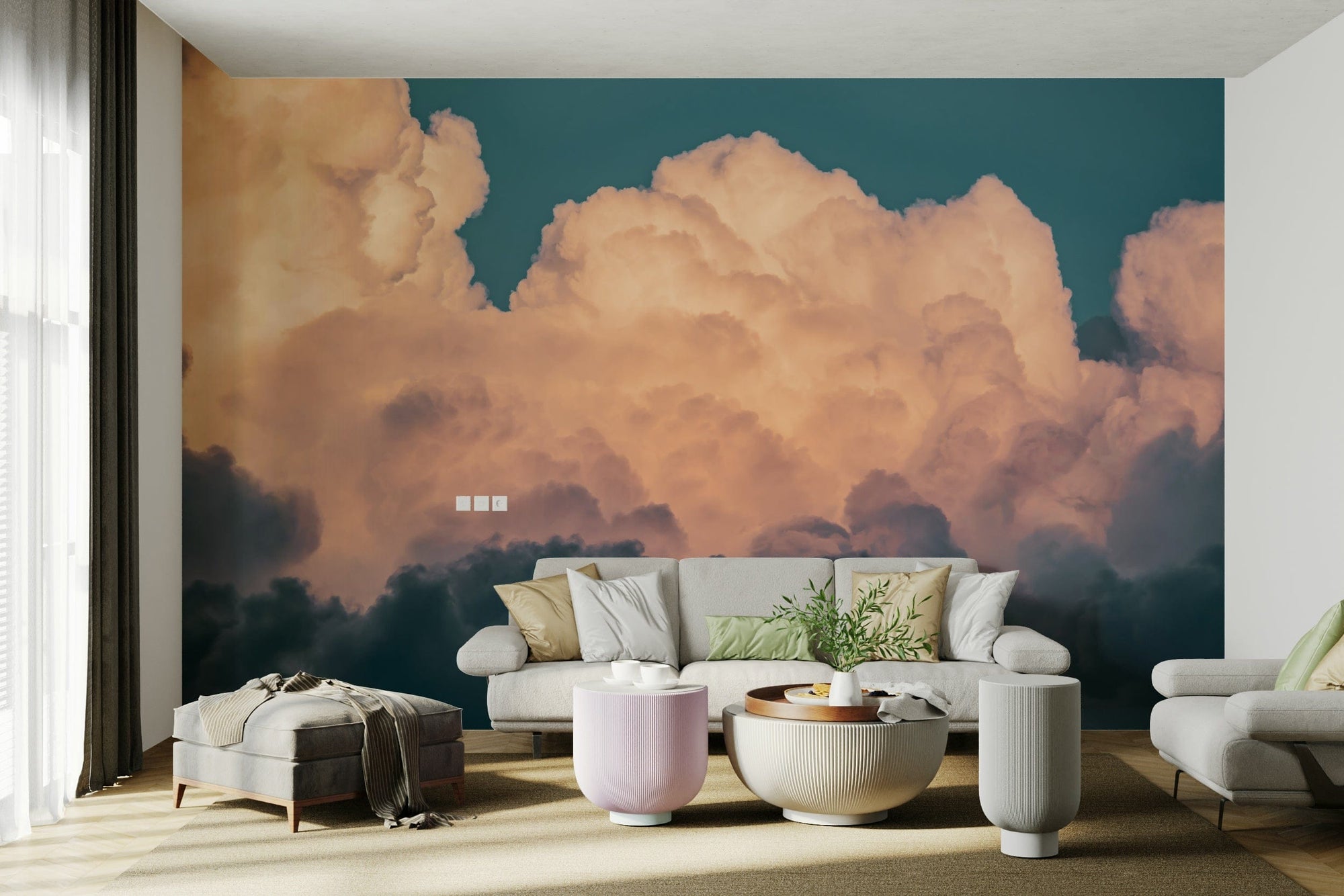 The peel and stick wallpaper showing realistic sky textures.