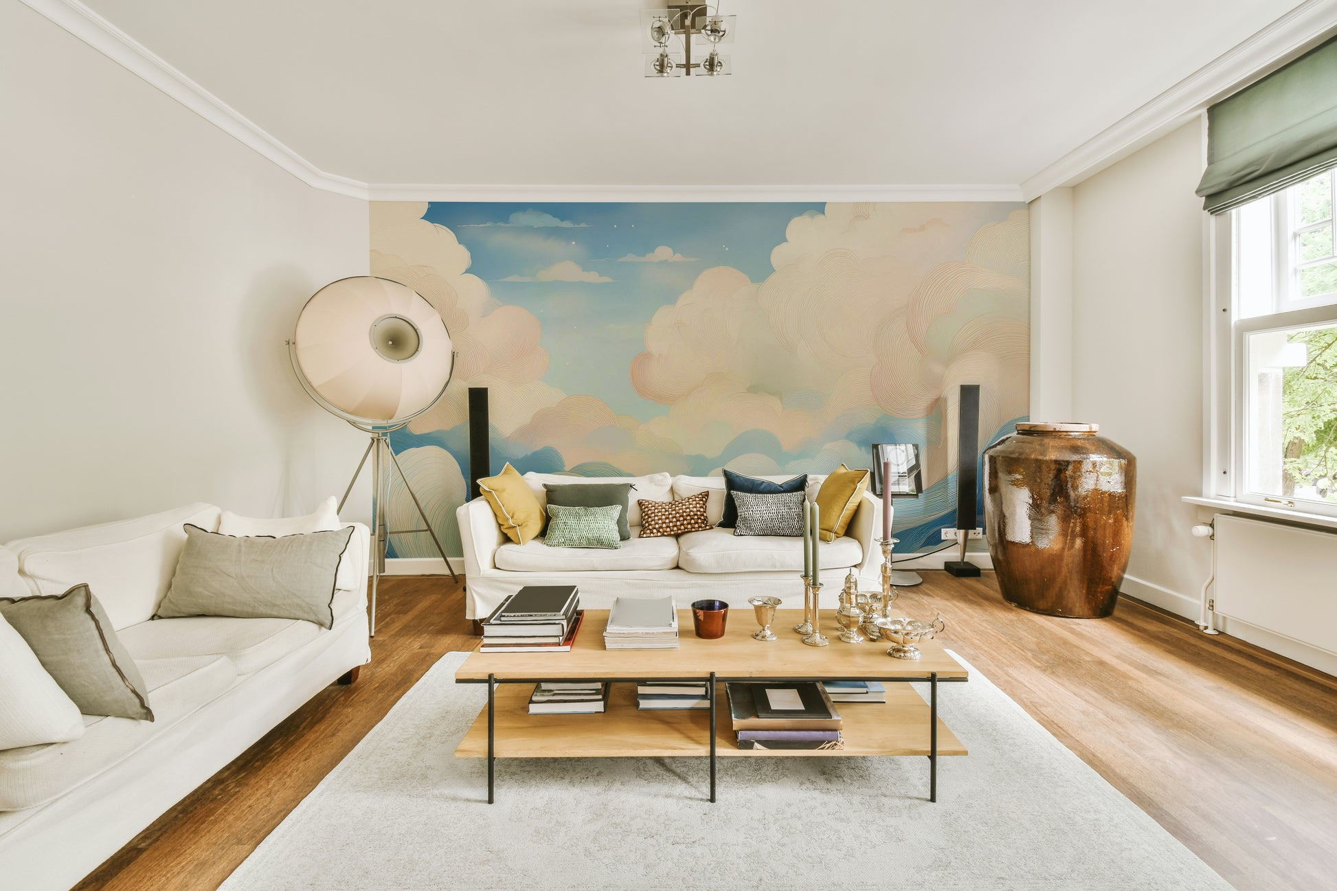 Large scale sky mural in a home with natural light and timber floors.