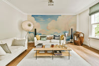 Large scale sky mural in a home with natural light and timber floors.