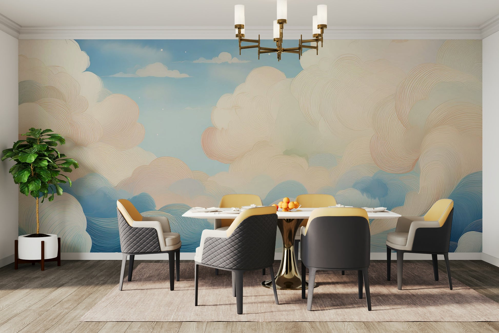 Dreamy Cloudscape Adventure Wall Mural in an open plan living space.