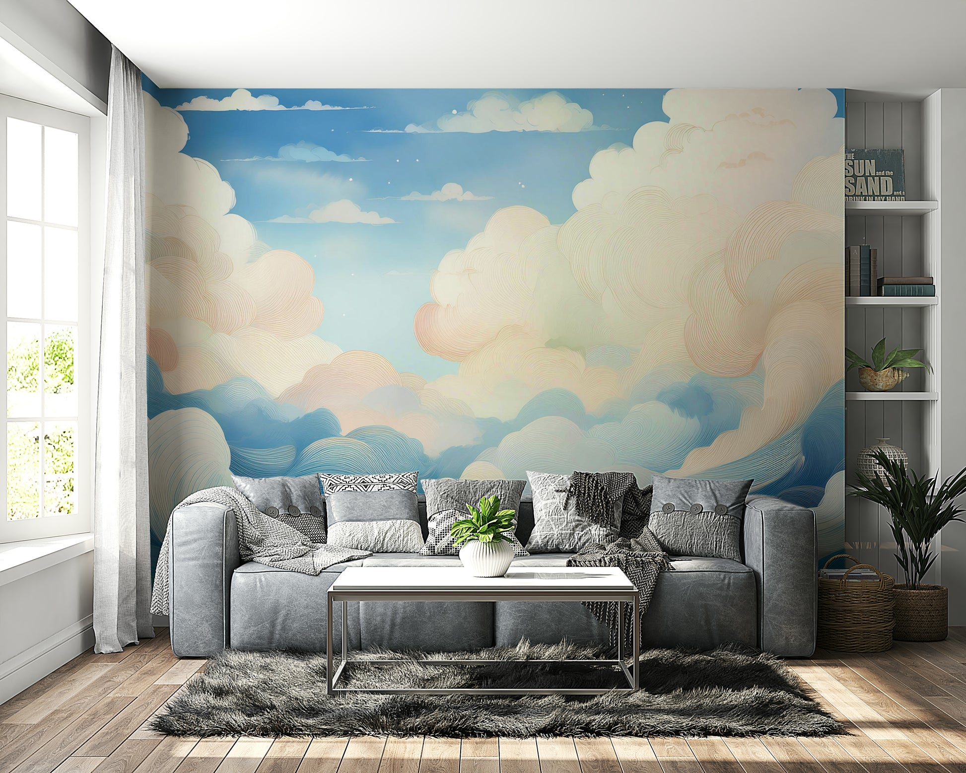 Sky wall art in a sun-drenched master bedroom with white linen.
