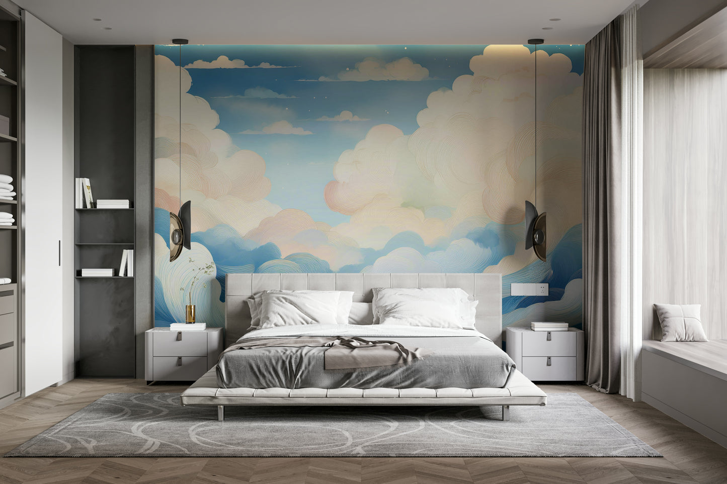Cloudscape wallpaper in a creative office with a minimalist desk.
