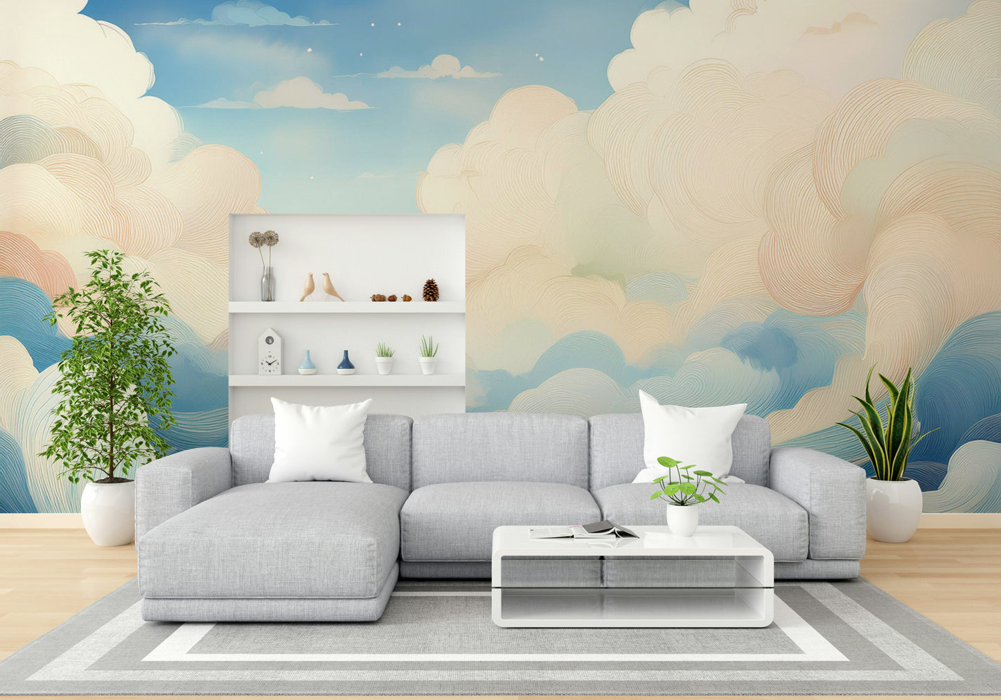 Dreamy Cloudscape Adventure Wall Mural in a guest room with blue accents.