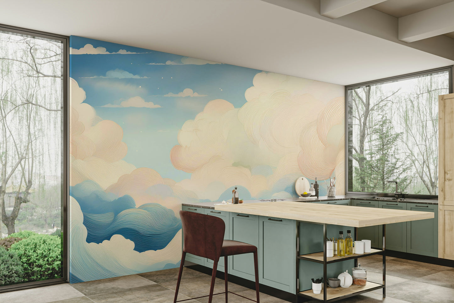 Neutral colour cloud mural for a modern living space layout.