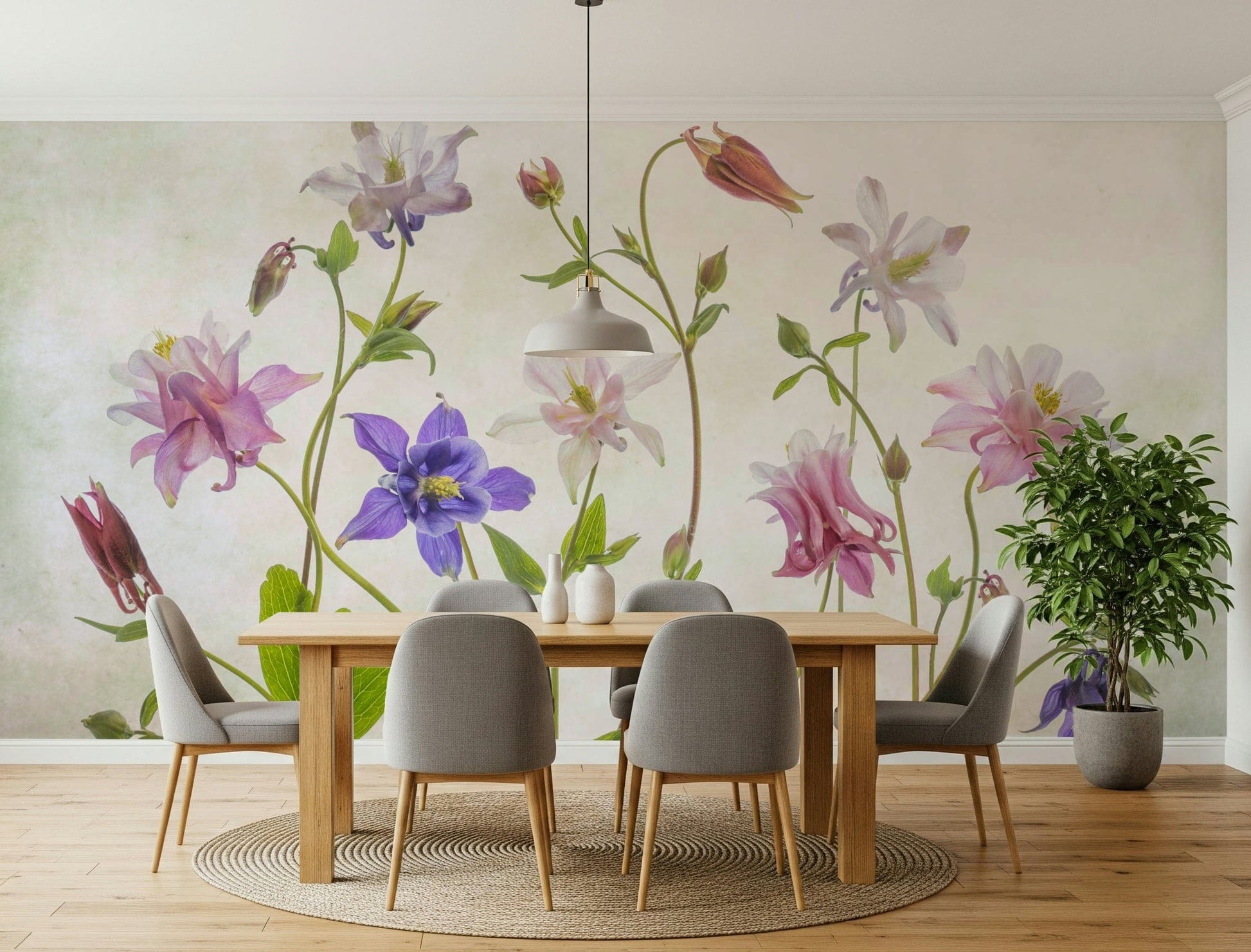 A calming floral design wallpaper mural that defines a space.


