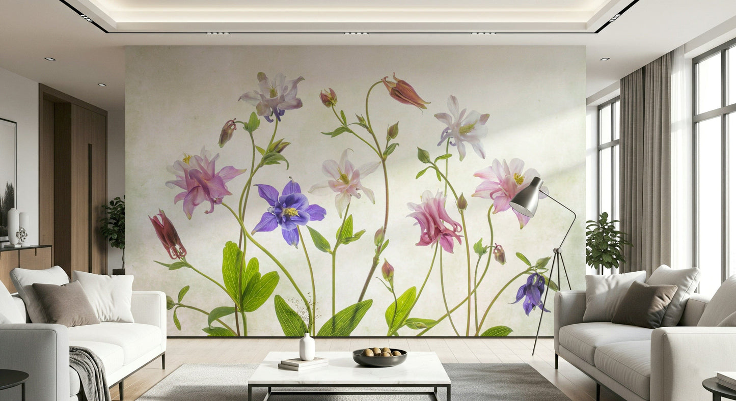 A beautiful modern art wall mural of delicate flowers.

