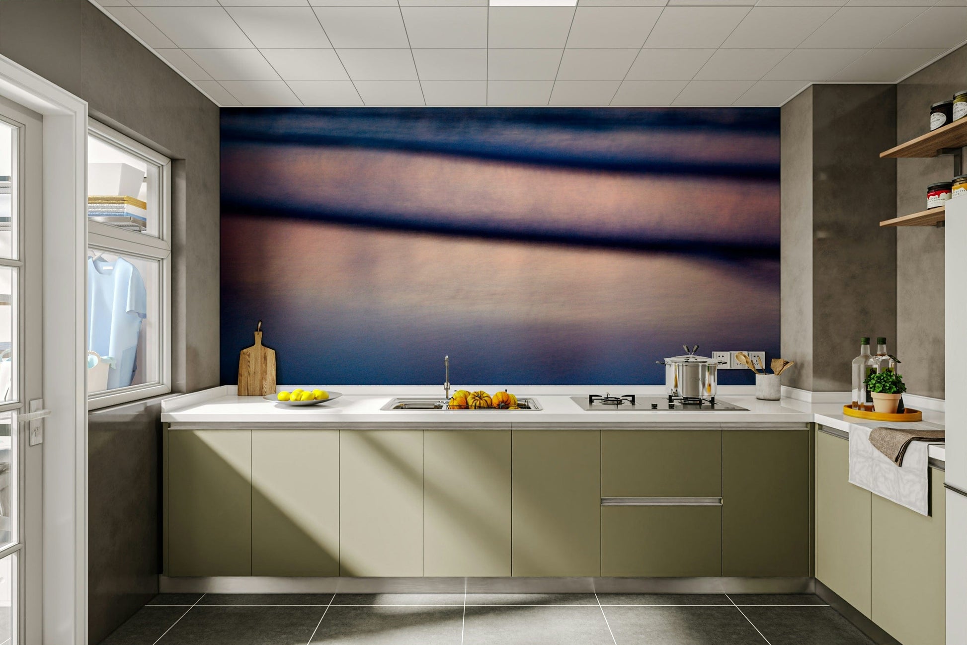 A beautiful abstract fisherman wallpaper mural for a modern room.


