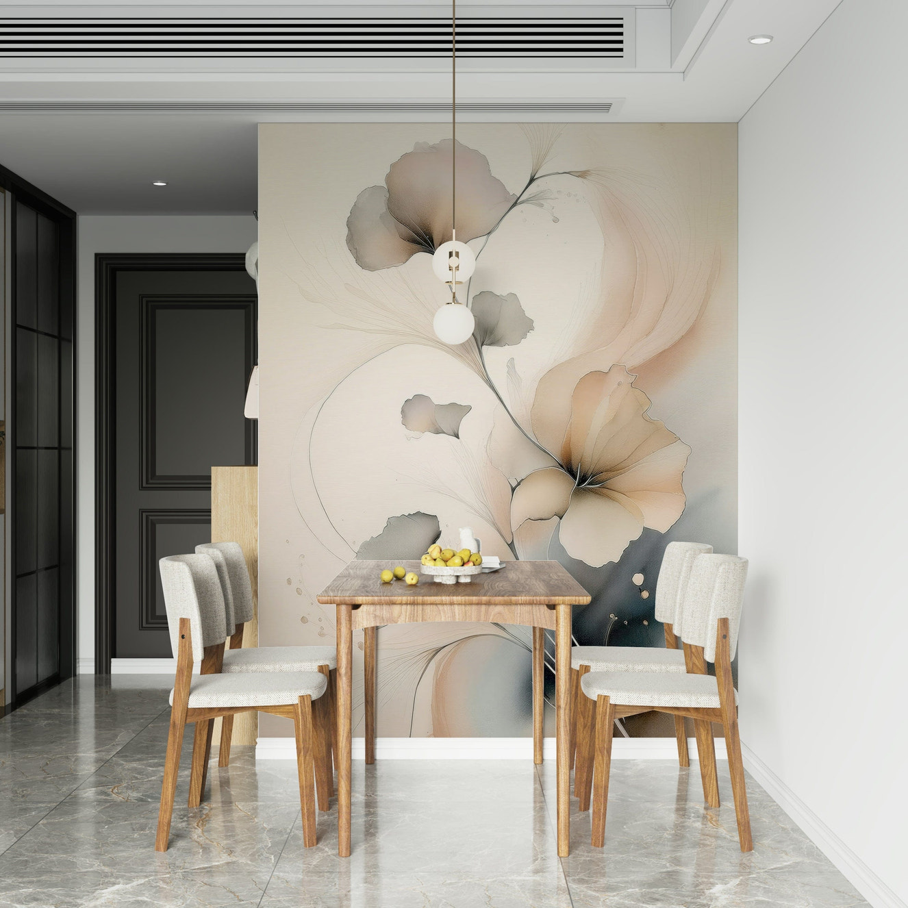 Elegant floral wall mural with gentle blossoms and airy textures creating a romantic ambiance.
