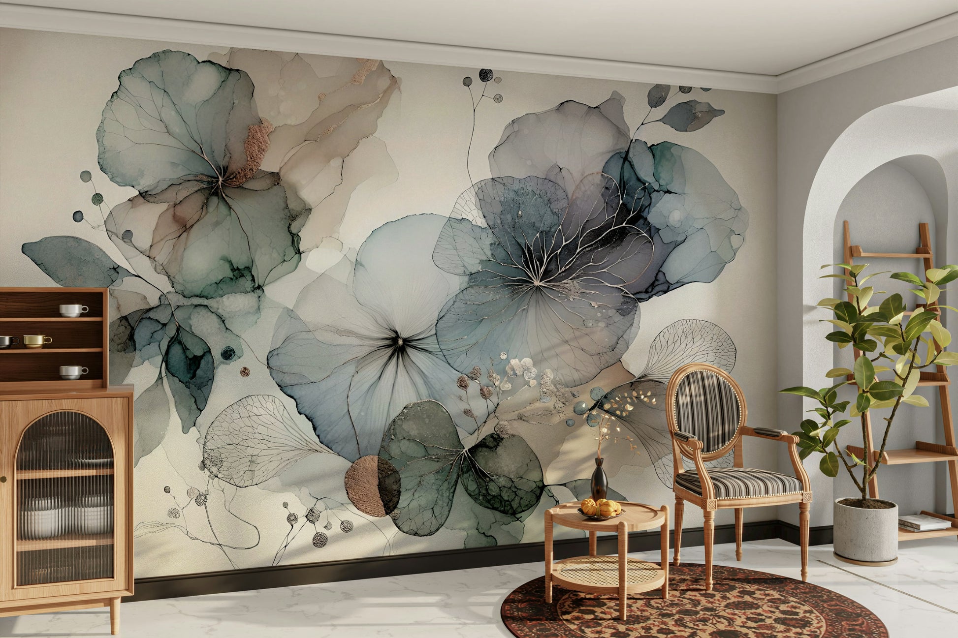 Dreamy Florals Wall Mural paired with light wood furniture accents.