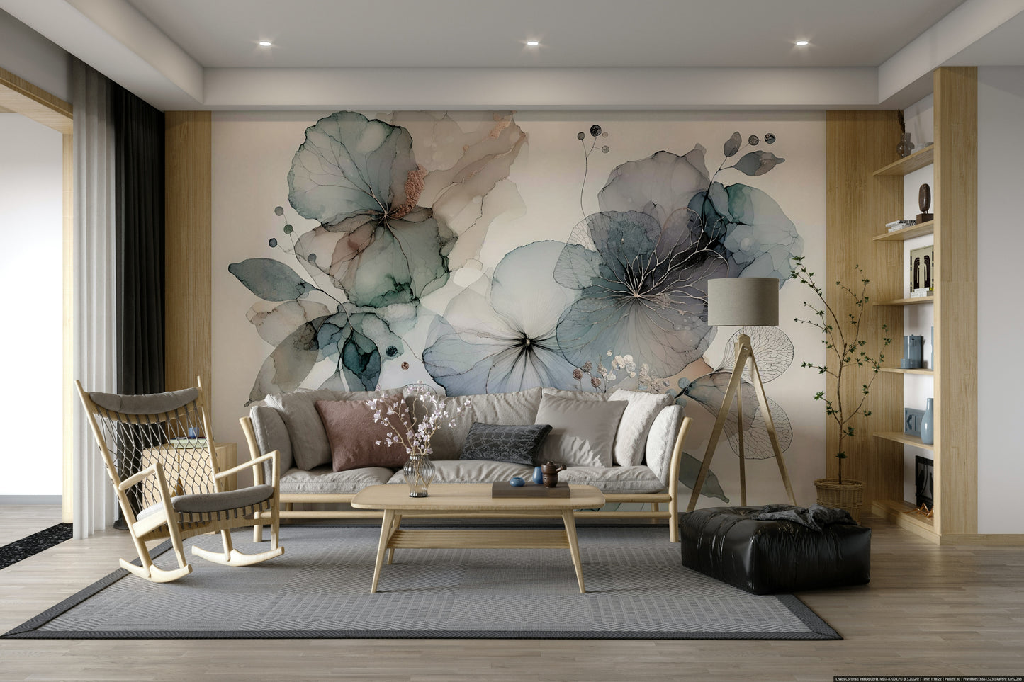Artistic floral illustration in a contemporary studio apartment.