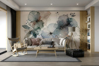 Artistic floral illustration in a contemporary studio apartment.