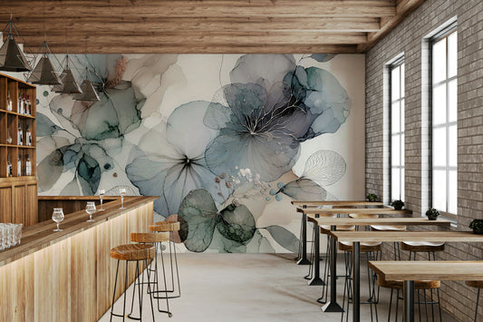 Soft pastel flower mural in a bright apartment living room.
