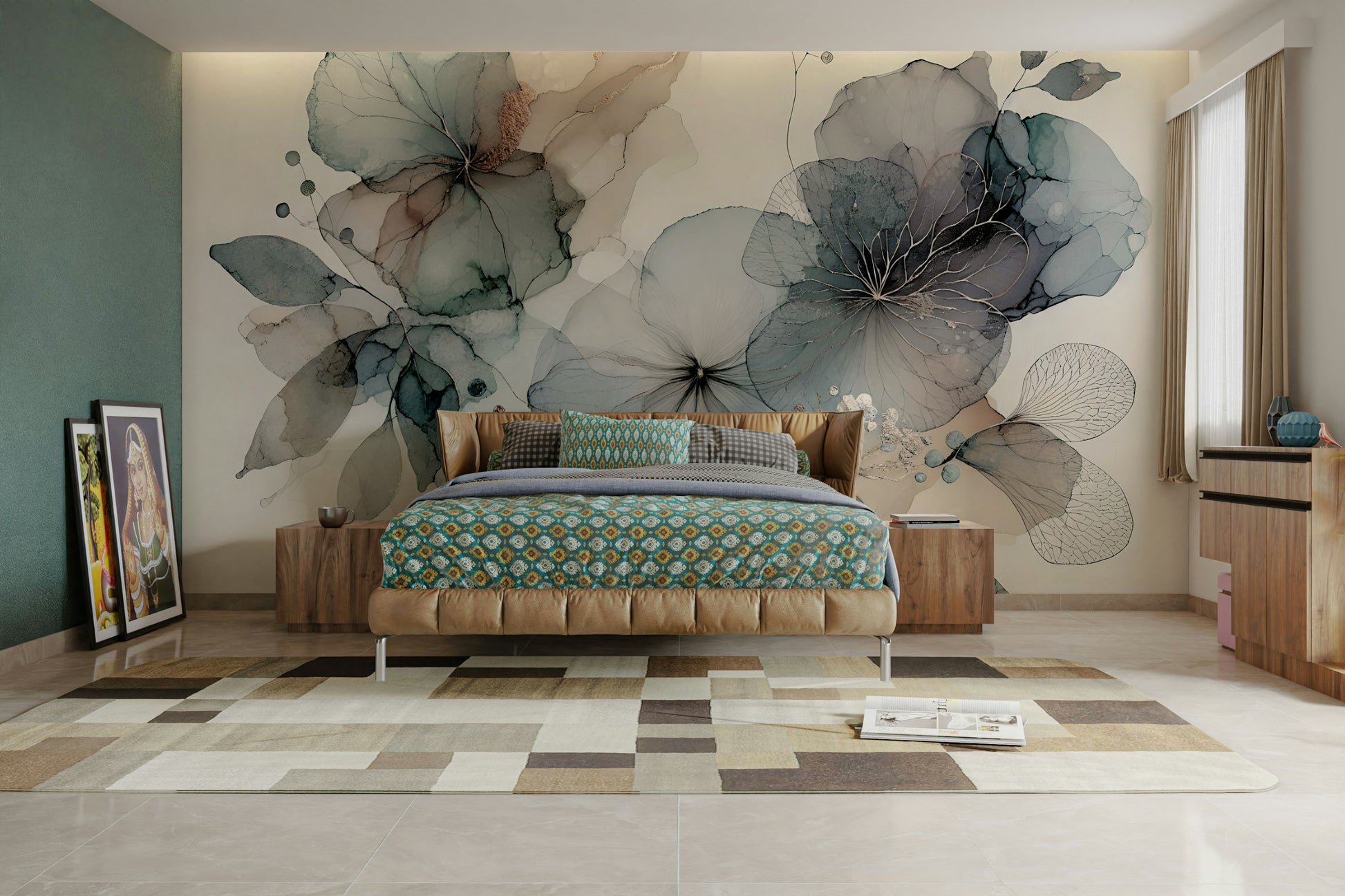 Matte finish mural with soft floral patterns and green leaves.