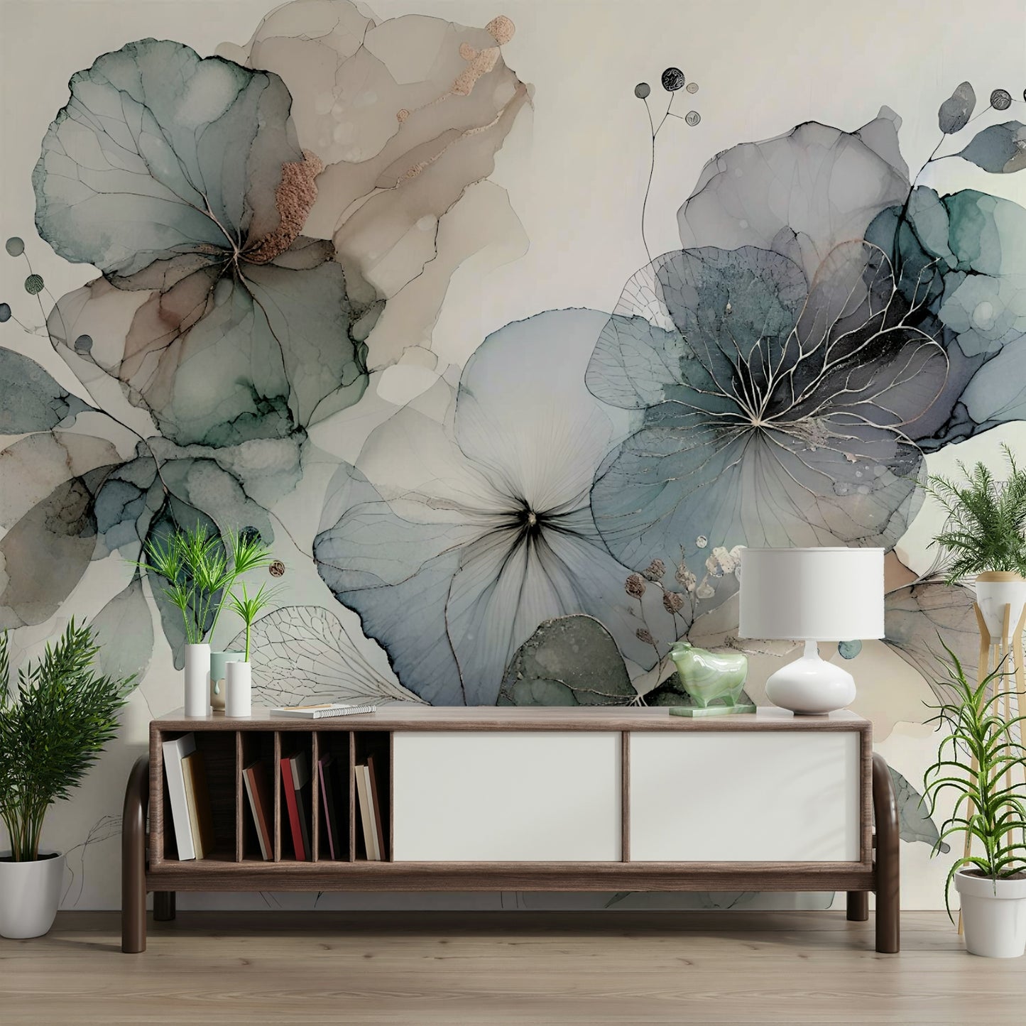 Dreamy Florals Wall Mural in a home office with a minimalist desk.
