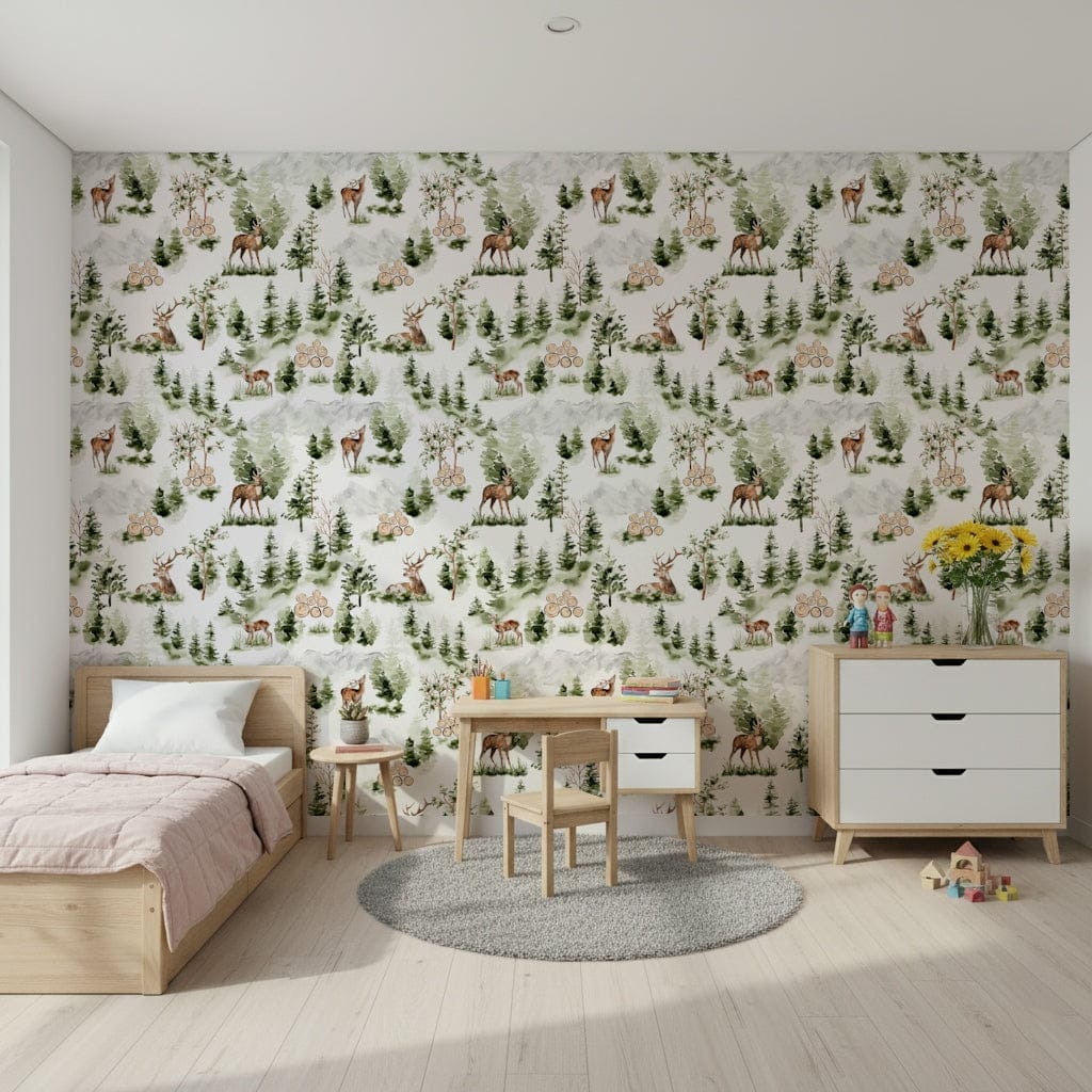 Forest Dreamscape log cabin look wall mural natural style.
