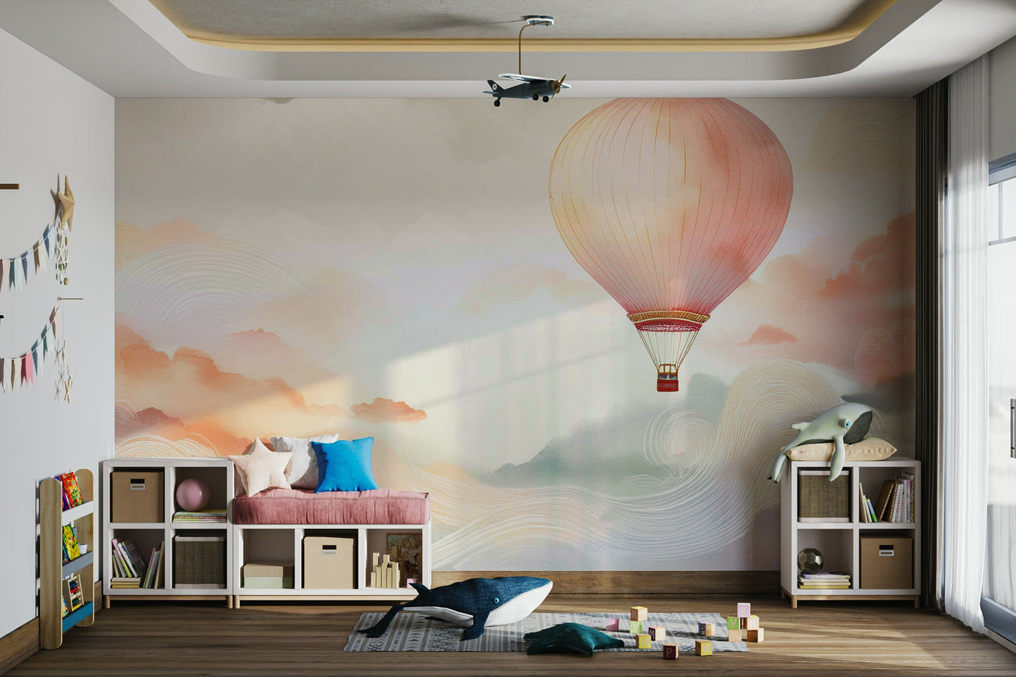 Balloon journey wallpaper in a creative office with a view.