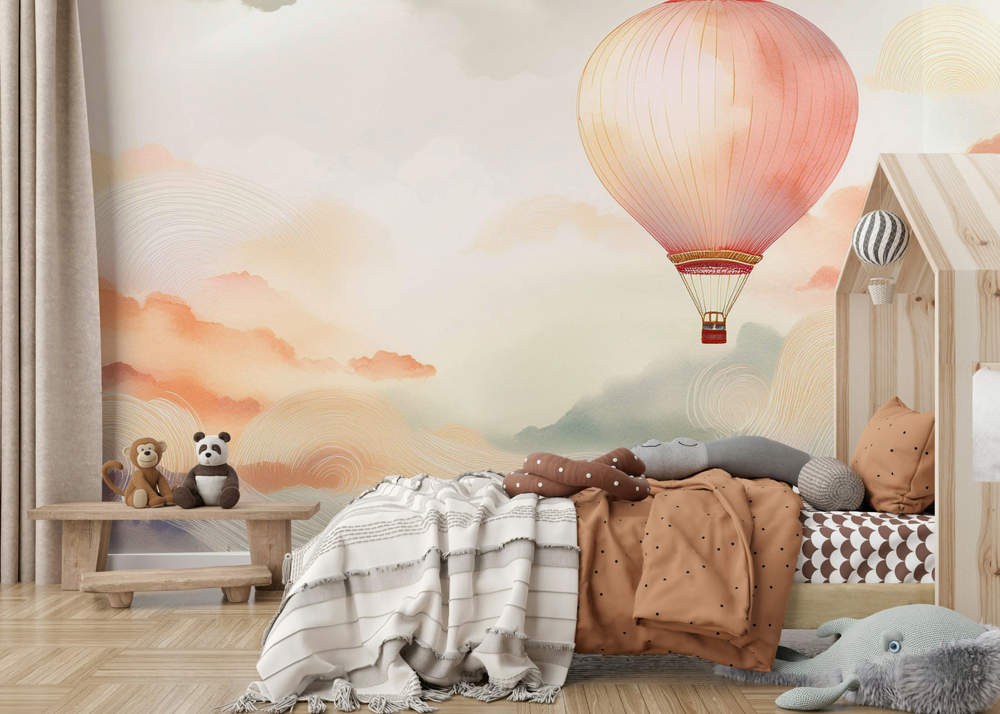 Dreamy Balloon Journey Wall Mural for a nursery feature wall.