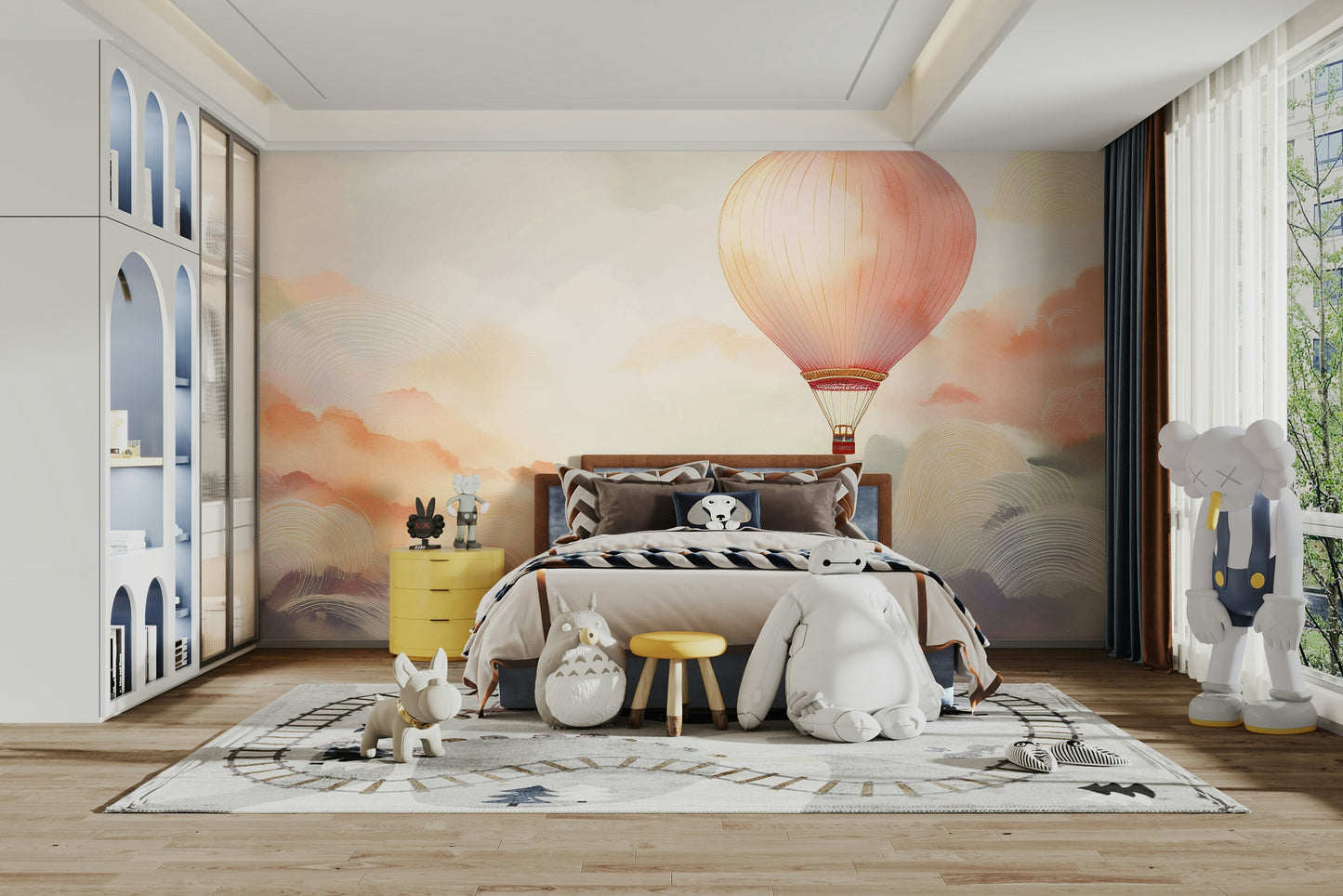 Hot air balloon wall art in a sun-drenched master bedroom.