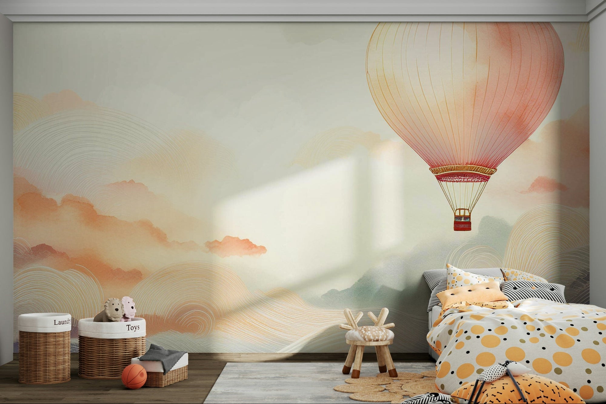 Dreamy Balloon Journey Wall Mural in an open plan living space.