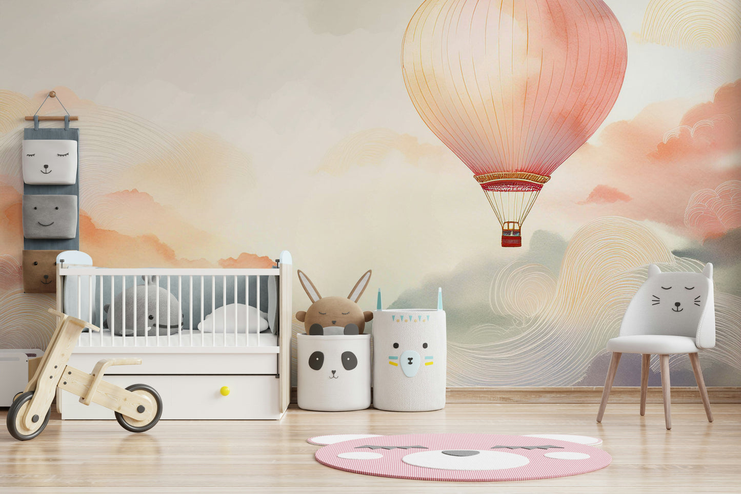 Modern home styling with a soft sky and balloon mural.