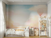 Matte finish mural with soft cloud patterns and light blue tones.