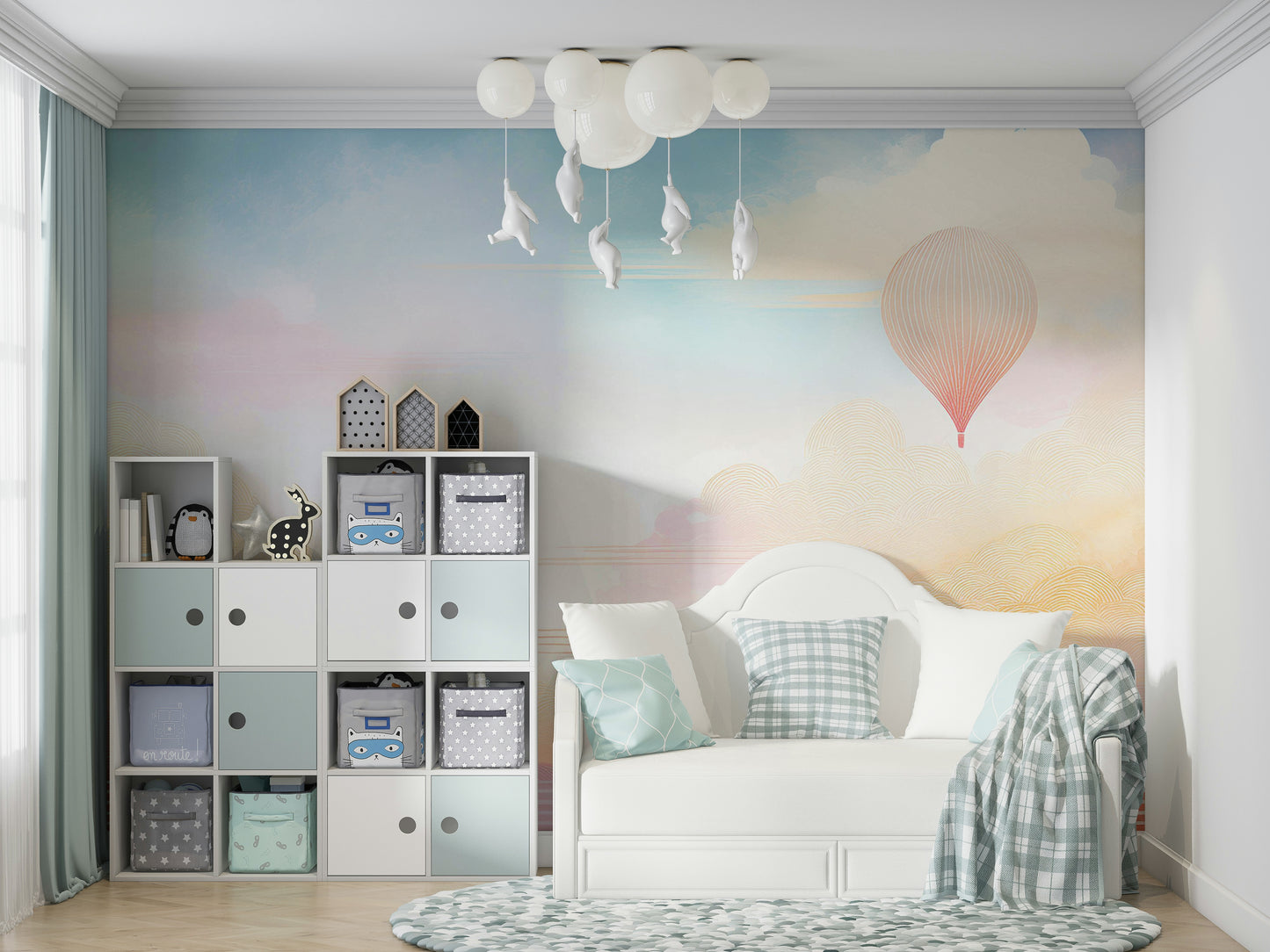 Soft blue and white cloud mural in a bright apartment living room.